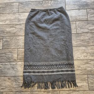 Talbots Vintage Wool Blend Fringe Skirt Fair Isle Nordic Gray Midi Size 14